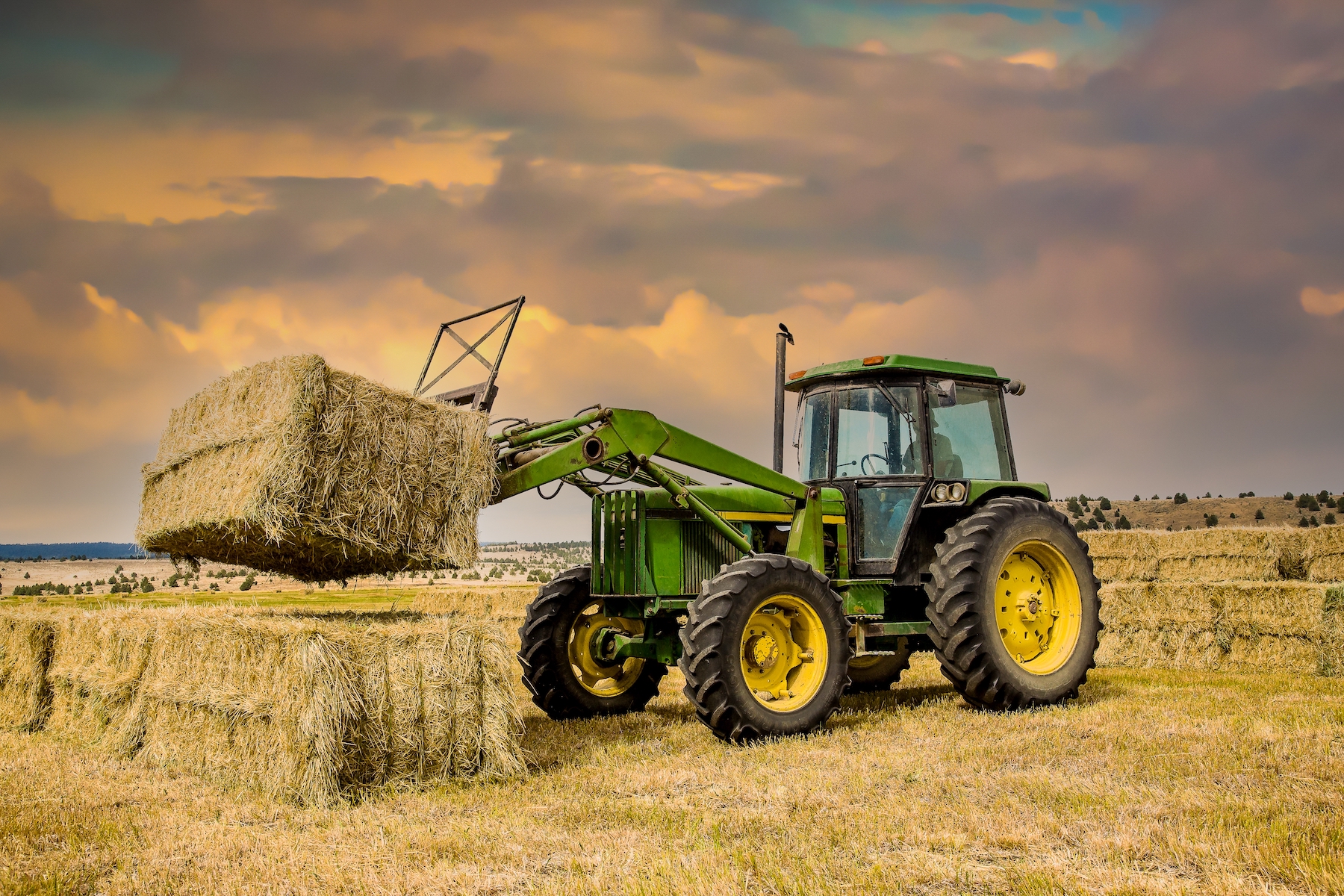 A ranch worker moving bales of hay with a farm tractor on a ranch near Paulina, Oregon; Shutterstock ID 2138466013; purchase_order: -; job: -; client: -; other: -